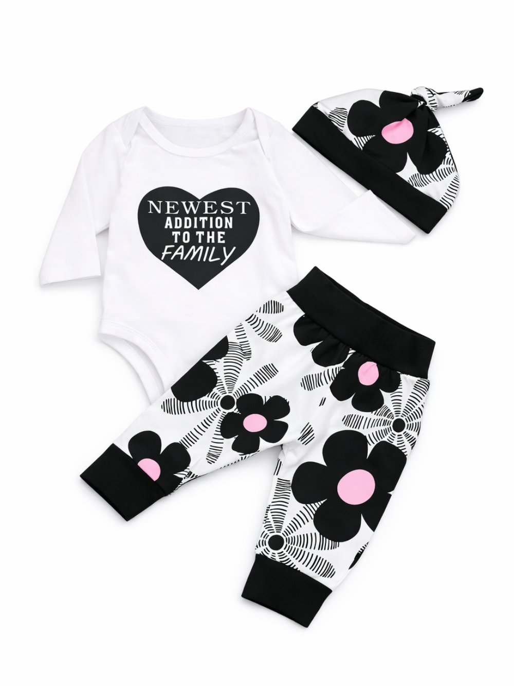 ハートプリント入り長袖ロンパースとフラワー柄パンツのベビー3点セット
