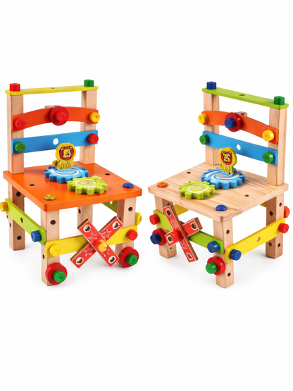 木製の子ども用DIYチェア2脚の製品写真。左はオレンジ座面、右はナチュラル木目座面で、カラフルなボルト・バー・歯車パーツが付いた組み立て知育チェア。白背景で並べて撮影。
