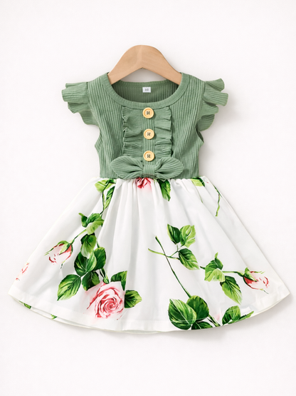 フリル袖リブ風トップスとローズ柄スカートの女の子ワンピース グリーン
