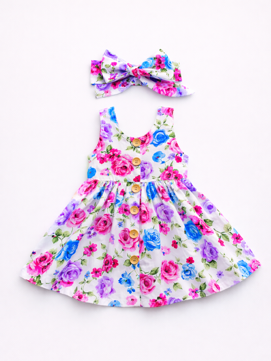 花柄プリントの女の子ノースリーブワンピースとリボンセット ホワイト
