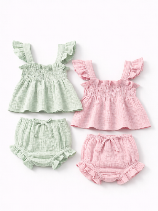女の子キャミトップ＆ショートパンツ2点セット グリーンとピンク
