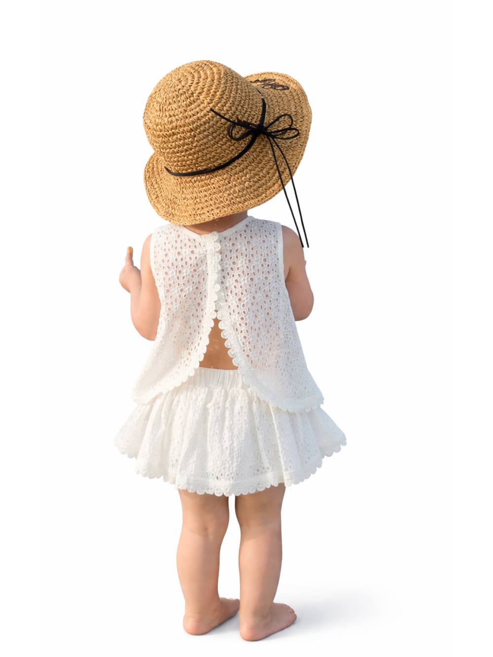 白背景で、麦わら帽子（黒リボン付き）をかぶり、ホワイトのアイレットレーストップスとティアードフリルボトムを着用した幼児の後ろ姿を写した着用イメージ画像。
