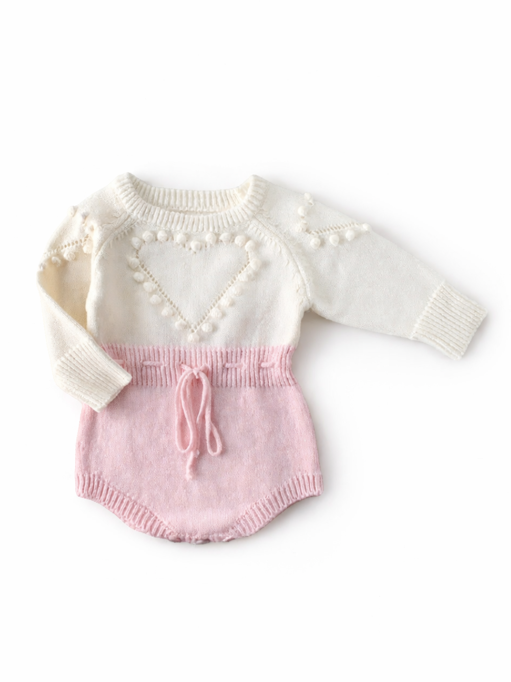 ハート編みポンポンが可愛い女の子ベビーニットロンパース 全体デザイン
