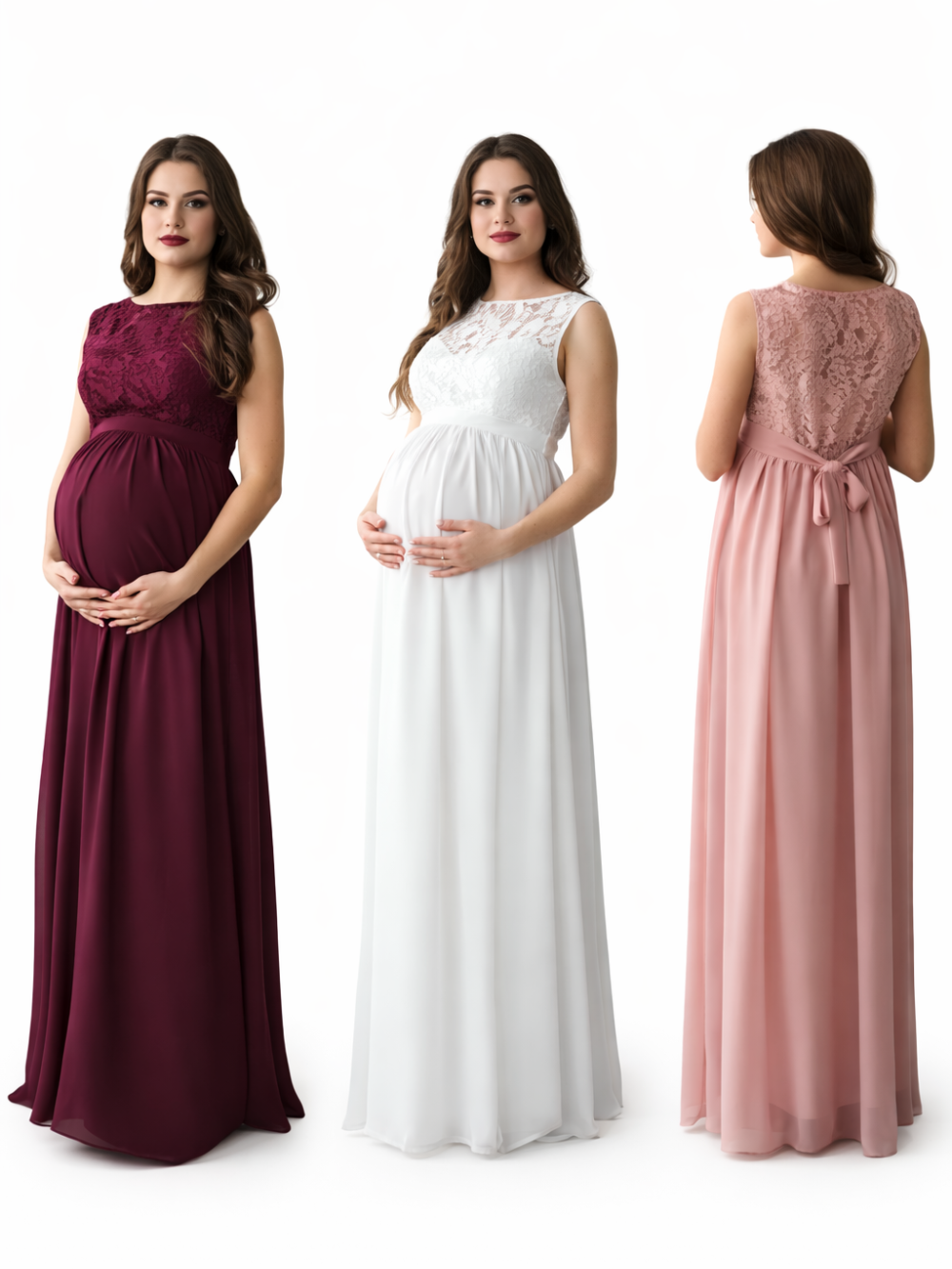 白背景のマタニティドレス商品画像。バーガンディ、ホワイト、くすみピンクの3色を、妊婦モデルが正面2パターンと背面1パターンで着用し、レーストップとロング丈スカートのシルエットを見せている。
