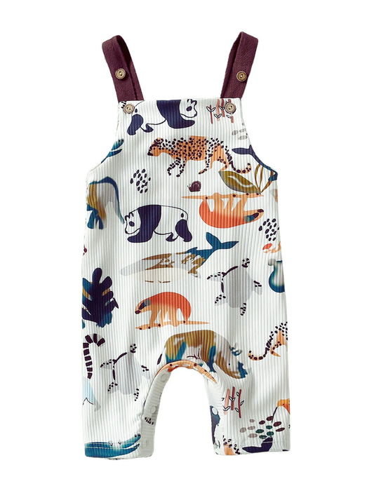 動物プリントが映えるサロペット風ジャンプスーツの正面全体（ホワイト）
