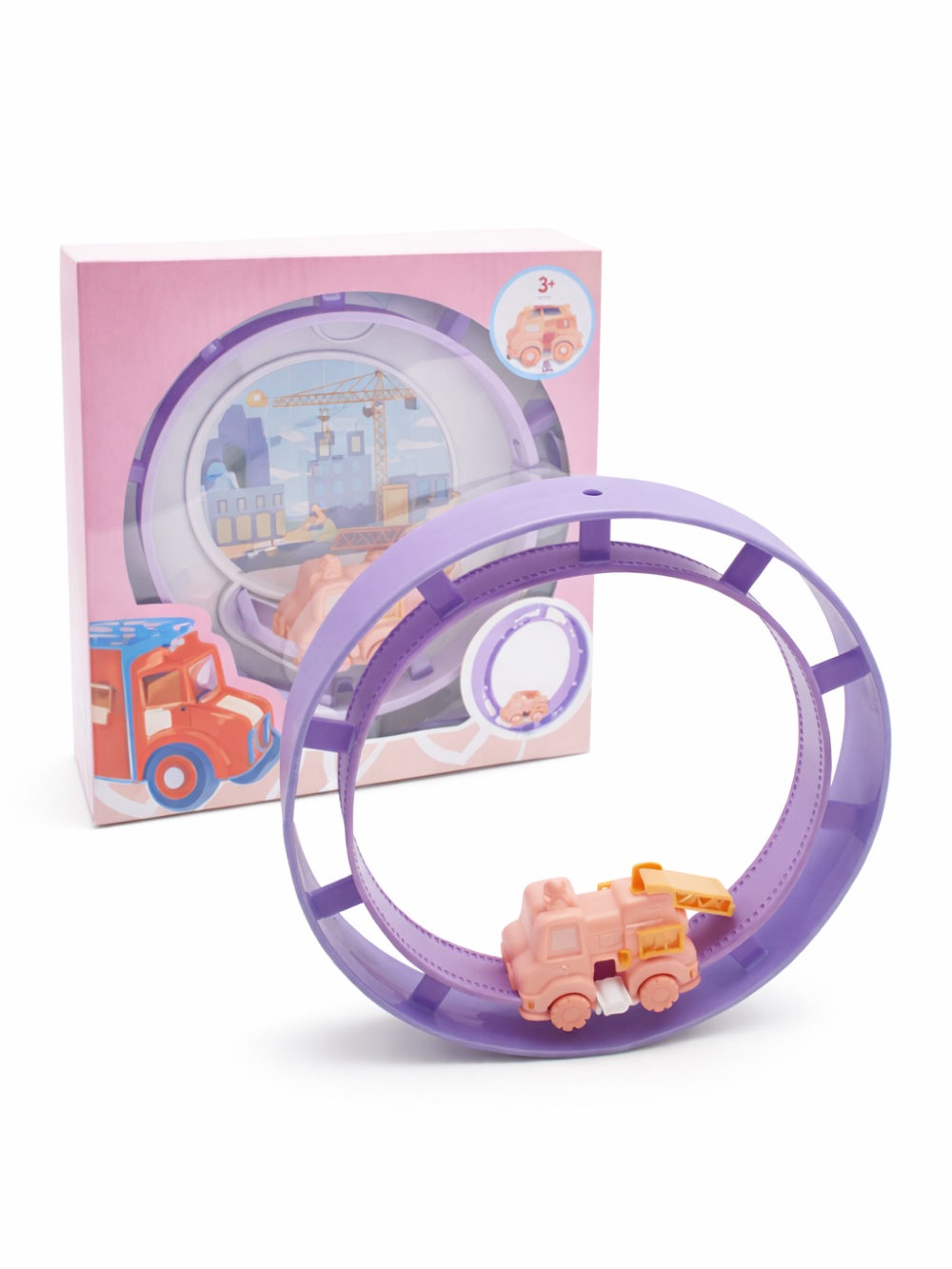 白背景のスタジオで撮影された、紫色の円形トラックとミニ車両（工事車）のセット。パッケージ箱と本体が並んで写っている。
