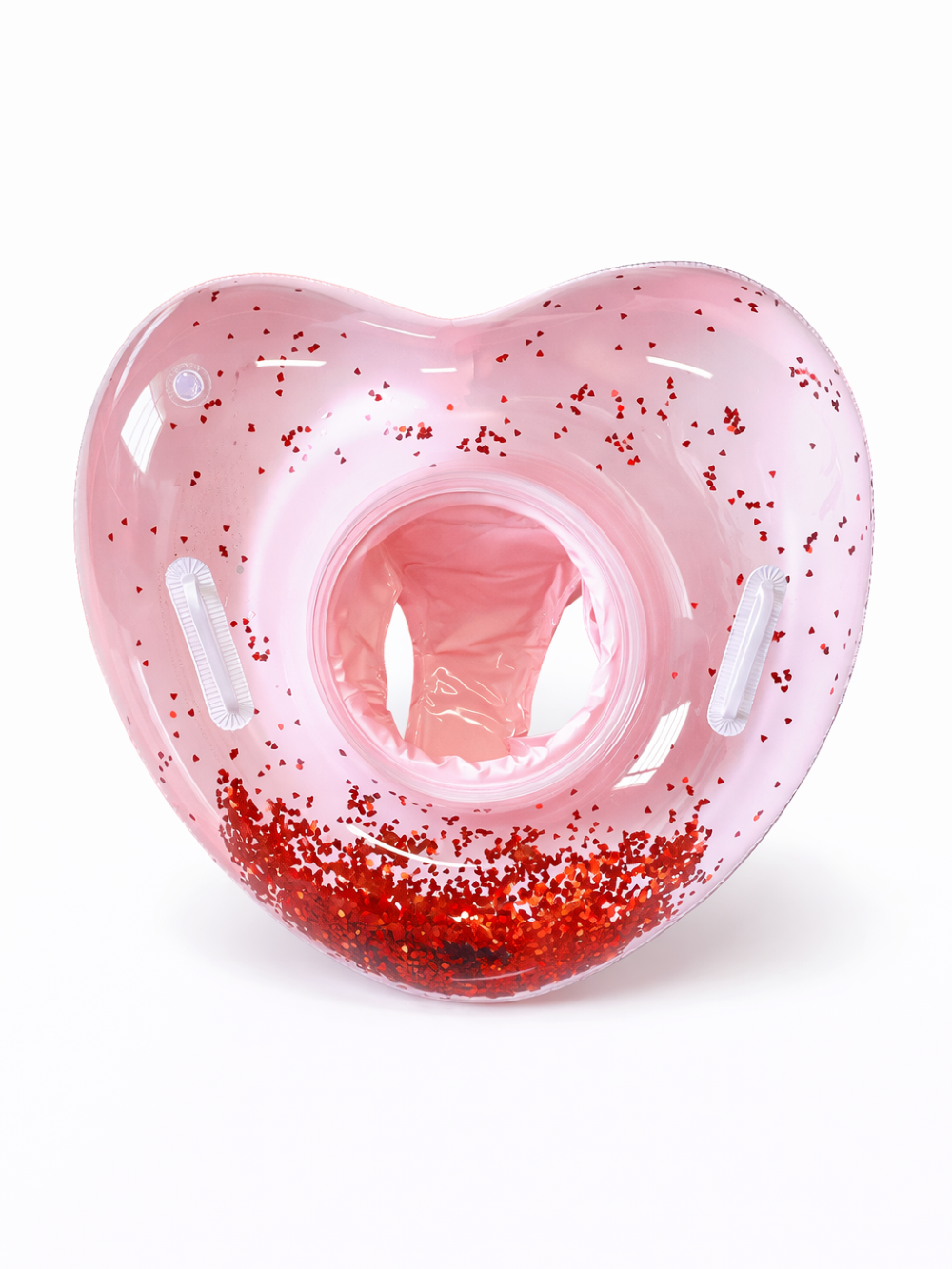 赤いハート型グリッター入りのピンク透明ベビー用浮き輪（座り穴付き）、白背景のスタジオ撮影。
