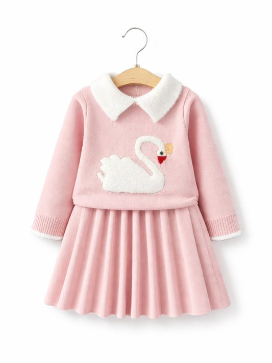 あたたかく上品にまとまる 女の子ニットスカートセット 襟付き長袖セーター＆プリーツスカート コットン混 90~130cm