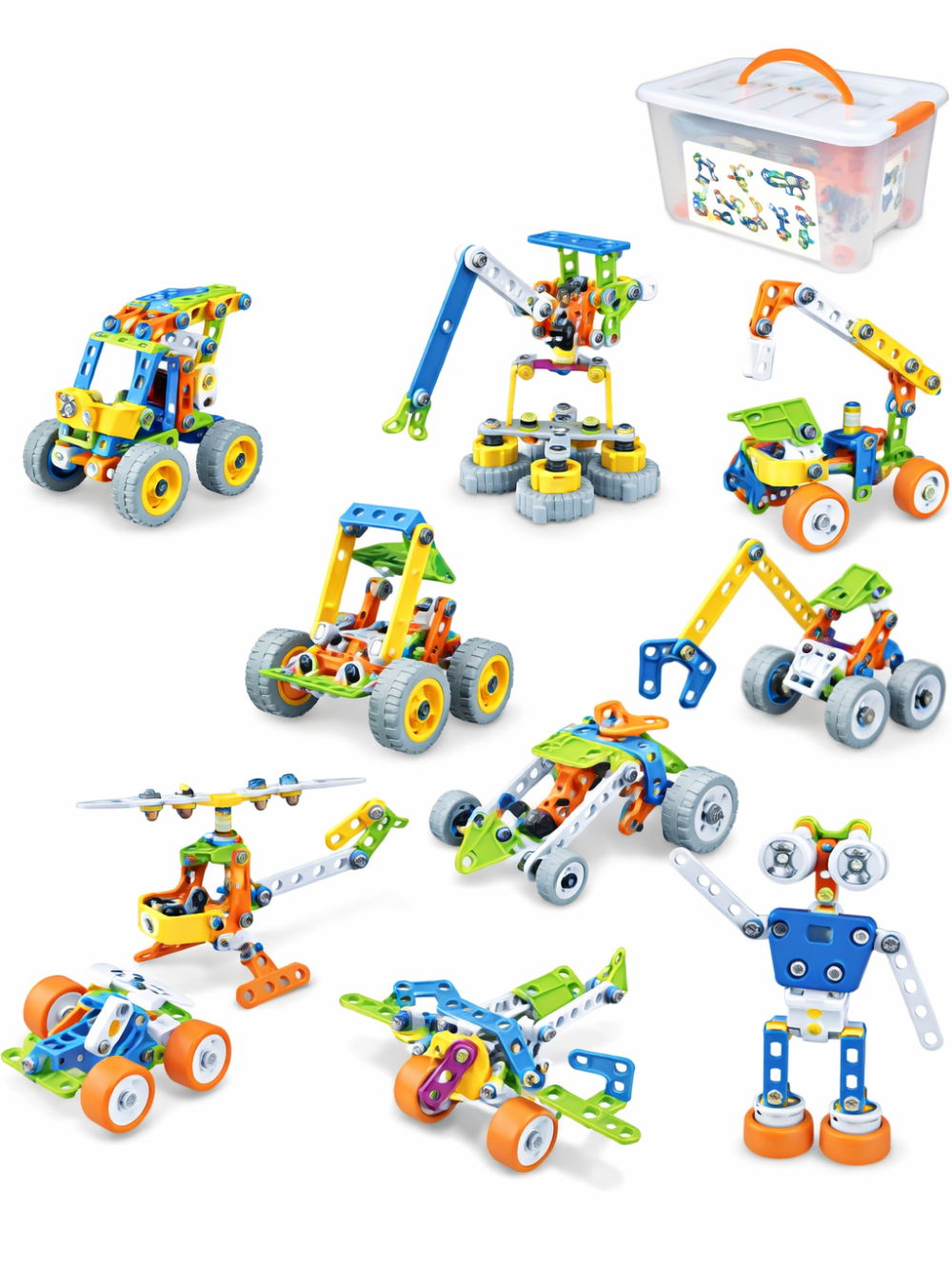 10in1で作れる車両やロボットの完成例が並ぶスクリュー組立ブロックの全体イメージ
