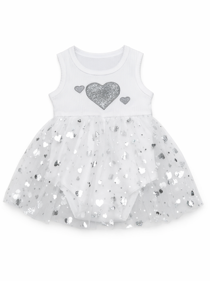 ホワイトの女の子ノースリーブロンパースワンピ メッシュスカート全体
