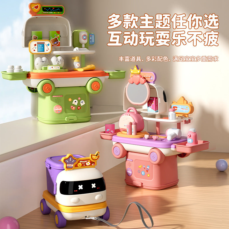 多彩なテーマを選べる収納カート型ロールプレイセットの全体イメージ画像
