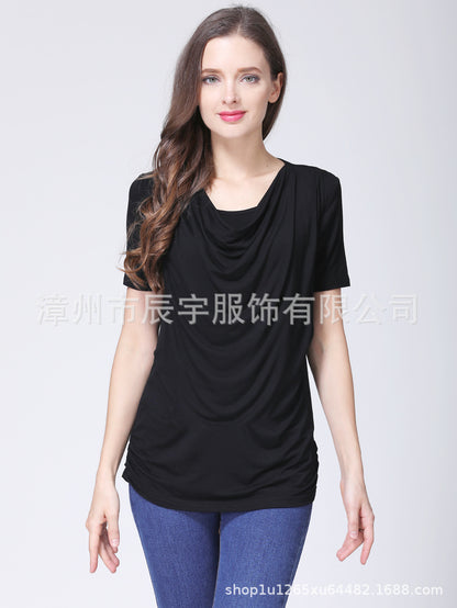 ひんやりなめらかで夏も快適 マタニティ授乳半袖Tシャツ サイドオープン授乳口付き クルーネック モダール素材 S~XXL