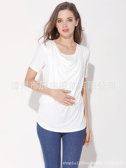 ひんやりなめらかで夏も快適 マタニティ授乳半袖Tシャツ サイドオープン授乳口付き クルーネック モダール素材 S~XXL