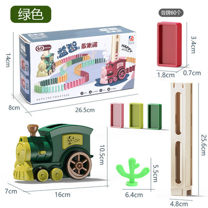 ダークグリーンの電動ドミノトレイン本体とドミノブロックの内容イメージ
