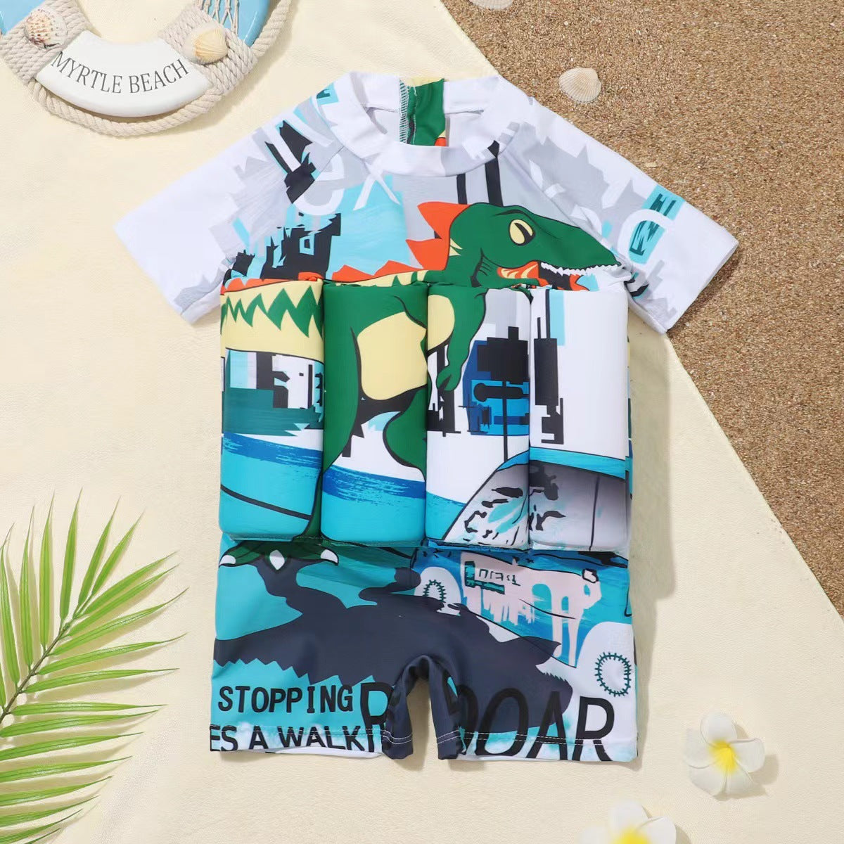 浮力サポート付きキッズ水着 長袖ワンピース（ブルー）総柄セット
