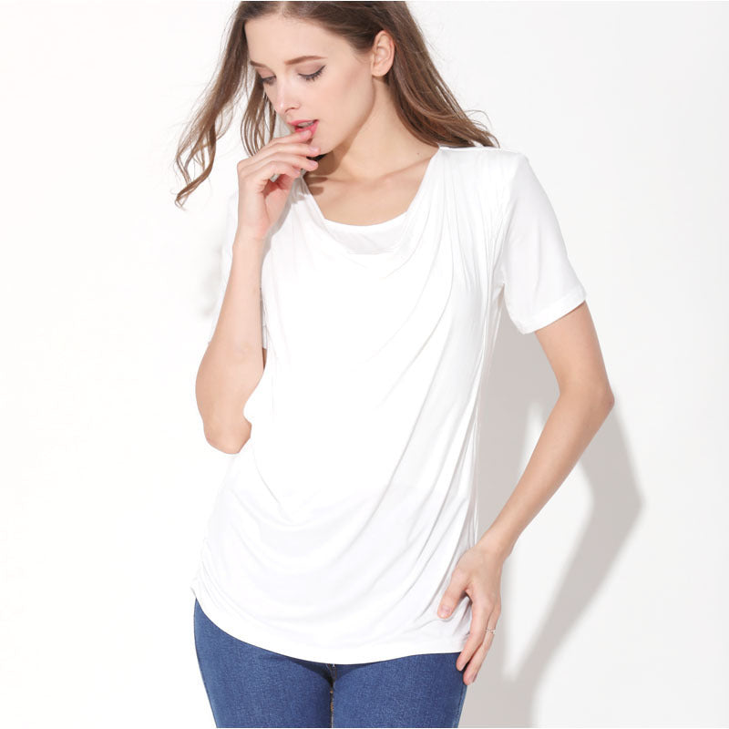 ひんやりなめらかで夏も快適 マタニティ授乳半袖Tシャツ サイドオープン授乳口付き クルーネック モダール素材 S~XXL