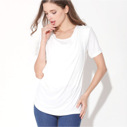 ひんやりなめらかで夏も快適 マタニティ授乳半袖Tシャツ サイドオープン授乳口付き クルーネック モダール素材 S~XXL