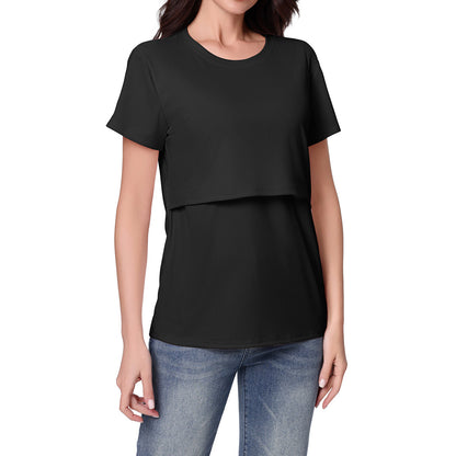 さらっと快適に授乳できる マタニティ半袖Tシャツ フェイクレイヤード 授乳口付き ポリエステル素材 S~XXL