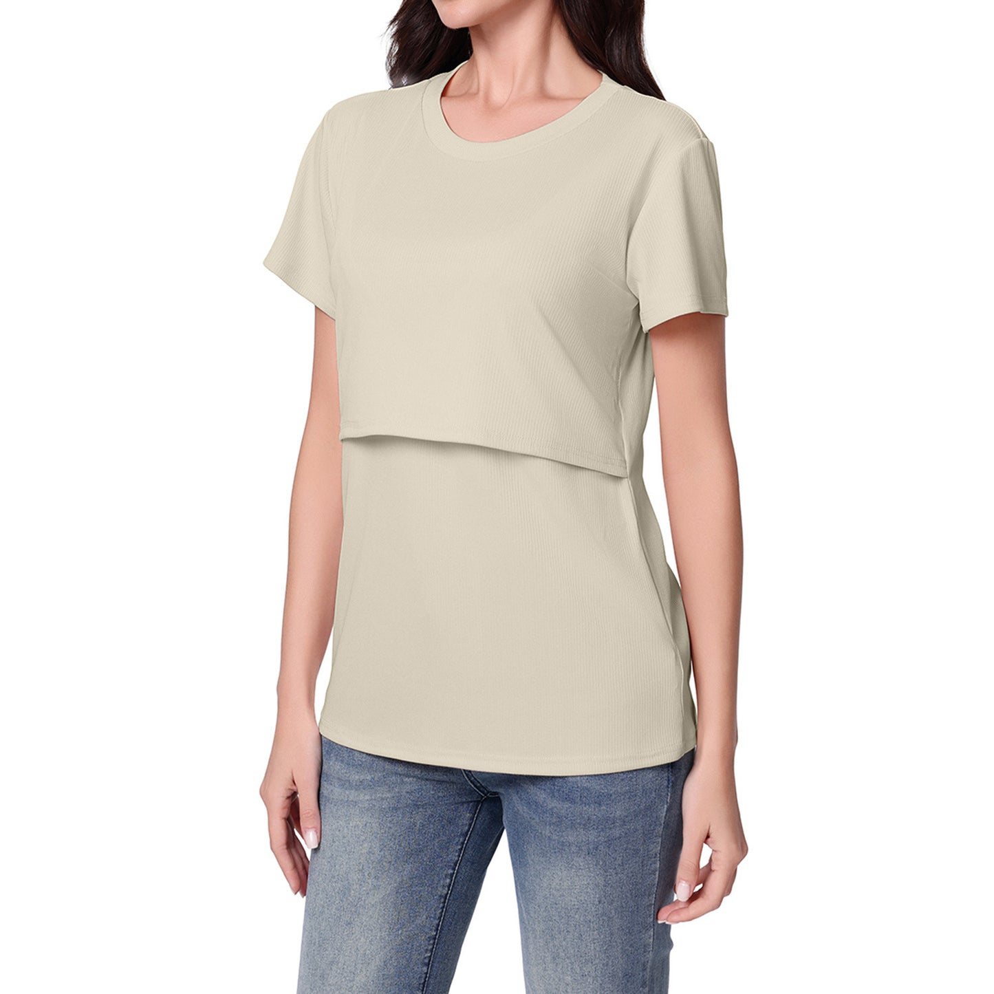 さらっと快適に授乳できる マタニティ半袖Tシャツ フェイクレイヤード 授乳口付き ポリエステル素材 S~XXL