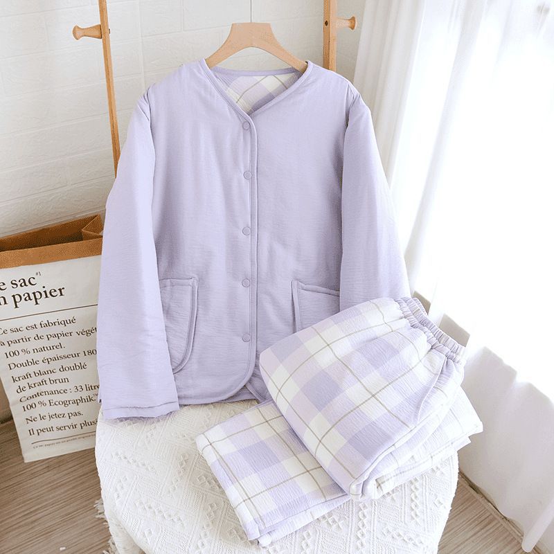 中綿入りで冬もぬくもり快適 マタニティ綿100%あったかパジャマ上下セット 長袖 ルーズフィット M~XL