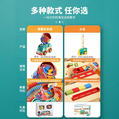 ドミノ補充と走行で配列する手順を示した電動ドミノカーガイド画像
