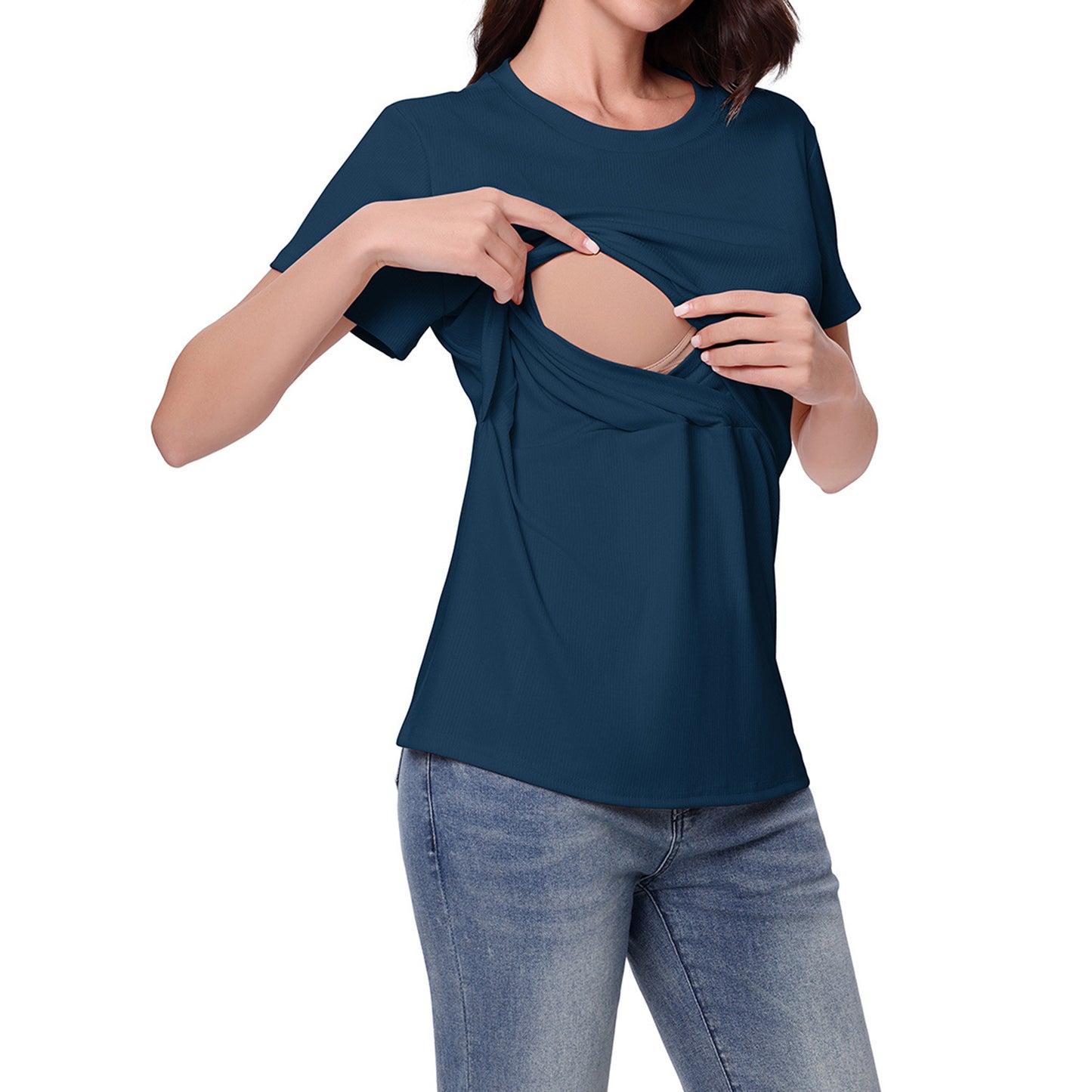 さらっと快適に授乳できる マタニティ半袖Tシャツ フェイクレイヤード 授乳口付き ポリエステル素材 S~XXL