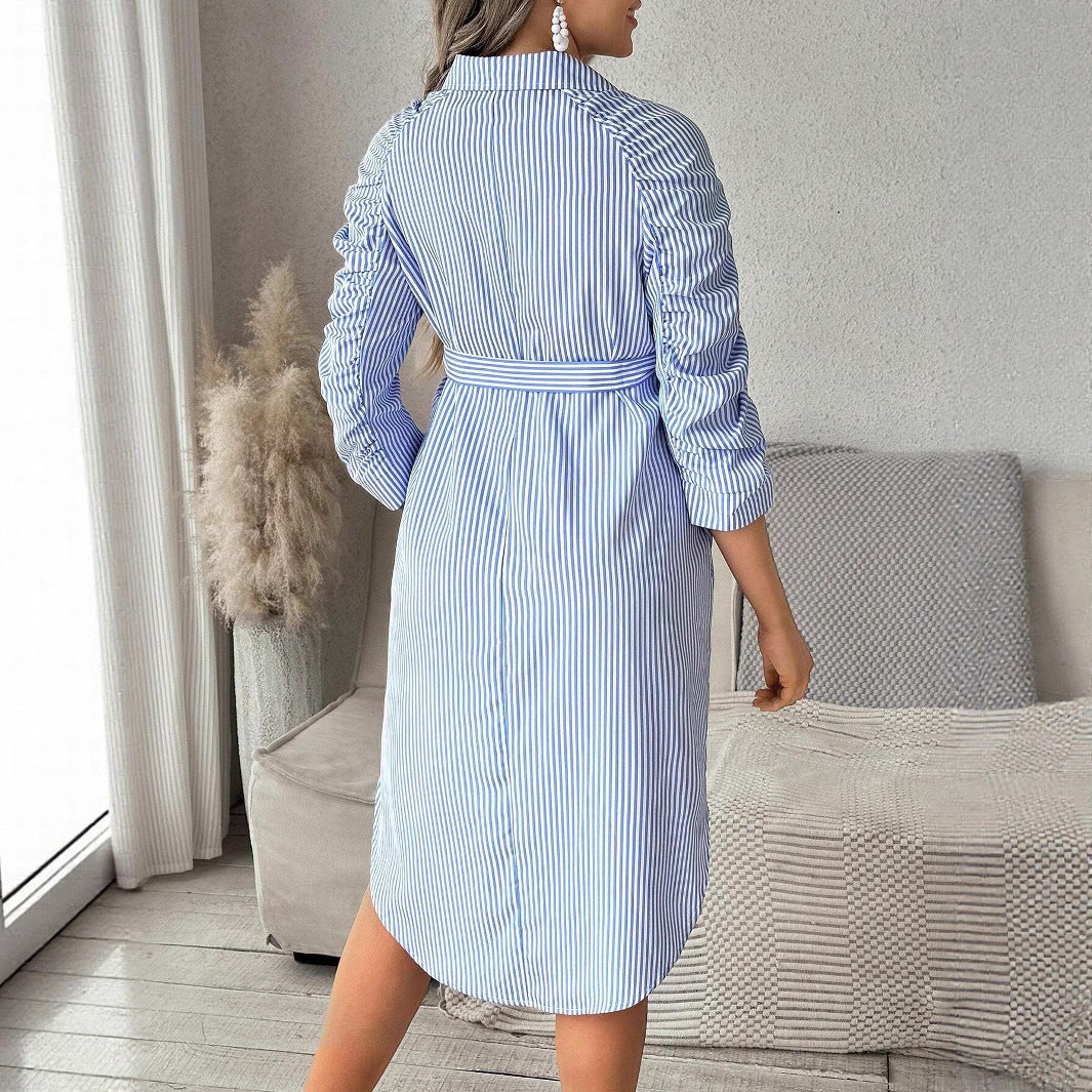 ブルーのストライプ柄マタニティシャツワンピースの背面スタイル
