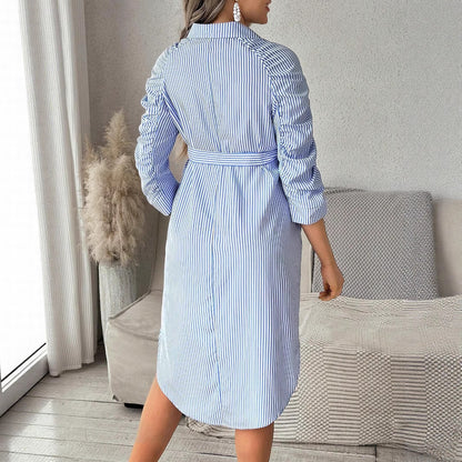 ブルーのストライプ柄マタニティシャツワンピースの背面スタイル
