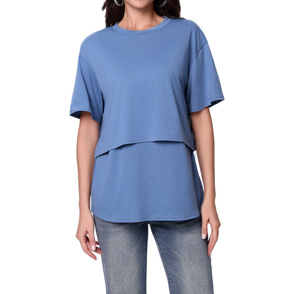 ゆったりシルエットの授乳対応マタニティ半袖Tシャツの全身着用イメージ
