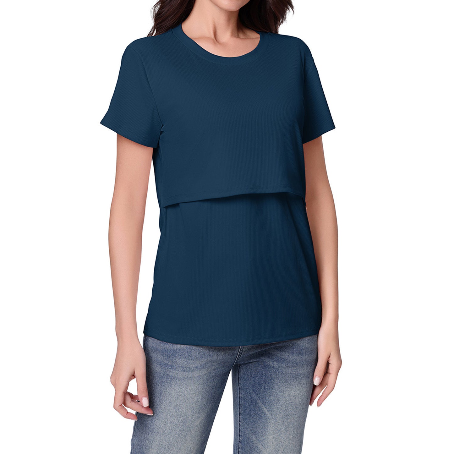 さらっと快適に授乳できる マタニティ半袖Tシャツ フェイクレイヤード 授乳口付き ポリエステル素材 S~XXL