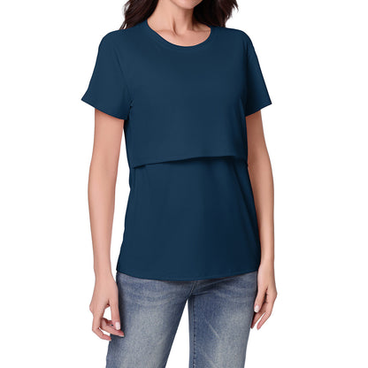さらっと快適に授乳できる マタニティ半袖Tシャツ フェイクレイヤード 授乳口付き ポリエステル素材 S~XXL