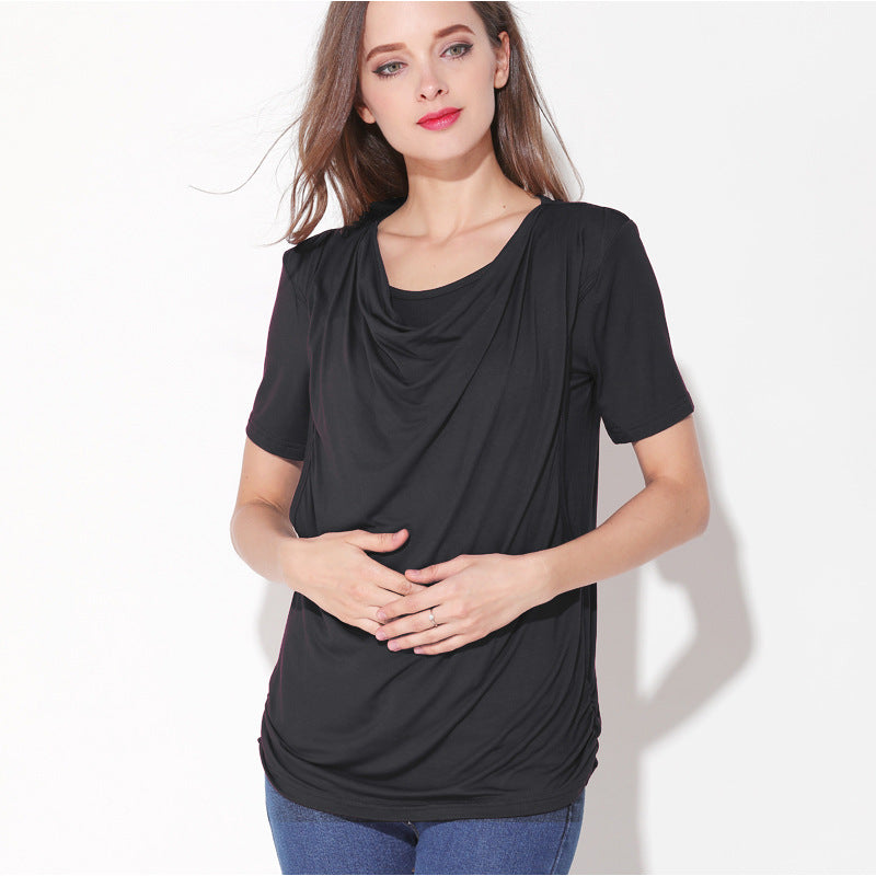 ひんやりなめらかで夏も快適 マタニティ授乳半袖Tシャツ サイドオープン授乳口付き クルーネック モダール素材 S~XXL