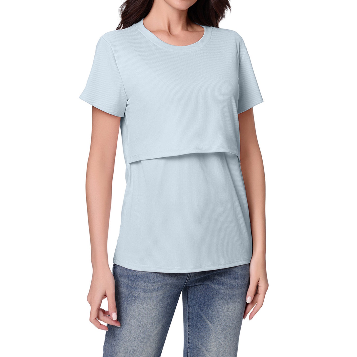 さらっと快適に授乳できる マタニティ半袖Tシャツ フェイクレイヤード 授乳口付き ポリエステル素材 S~XXL