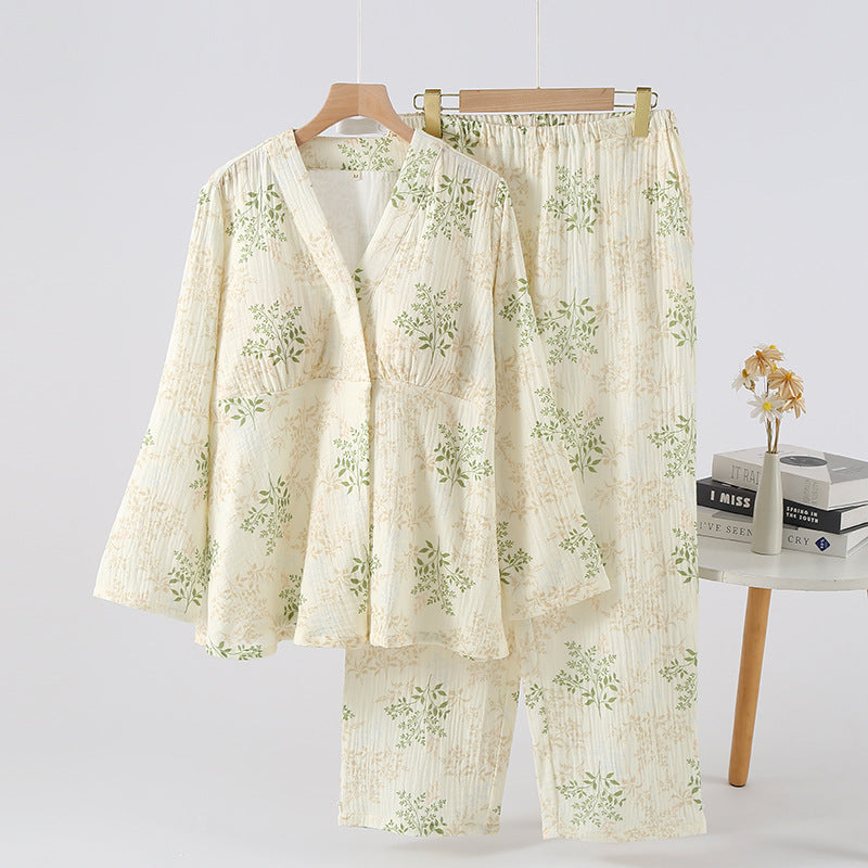 ふんわり涼しく肌にやさしい マタニティルームウェアセット ダブルガーゼコットン 長袖 M〜XL