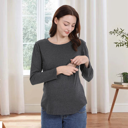 やさしくフィットして授乳もスムーズ マタニティ長袖Tシャツ ジッパー授乳口付き コーマ綿素材 ミドル丈 S~5XL