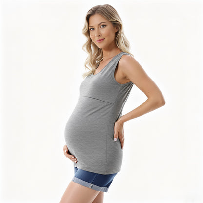 やわらかコットンで涼しく快適 マタニティ授乳タンクトップ 授乳口ジッパー付き ラウンドネック ミドル丈 S