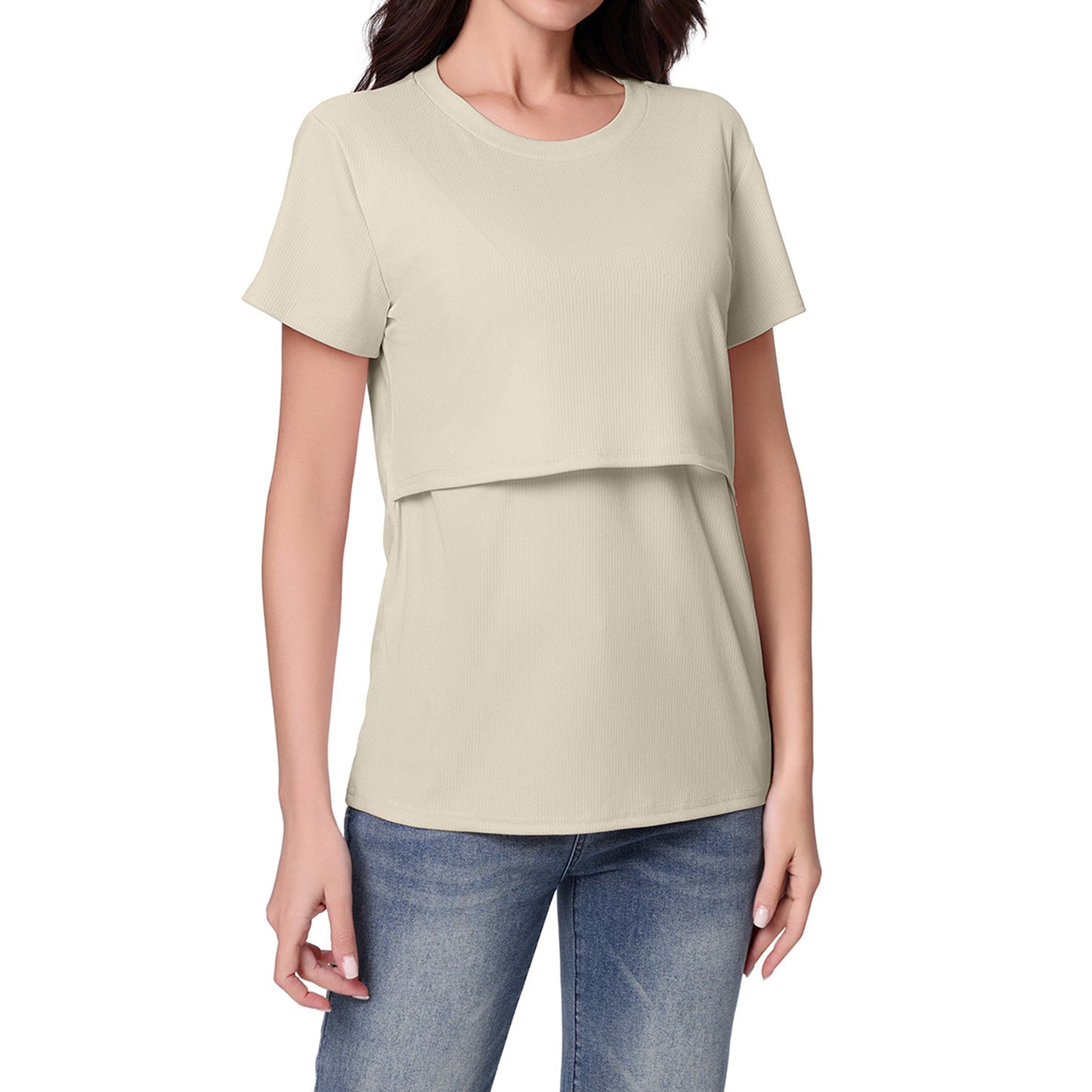 さらっと快適に授乳できる マタニティ半袖Tシャツ フェイクレイヤード 授乳口付き ポリエステル素材 S~XXL