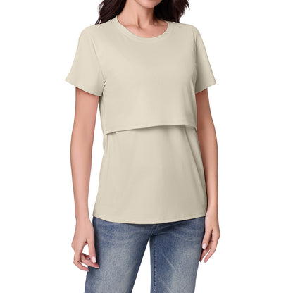 さらっと快適に授乳できる マタニティ半袖Tシャツ フェイクレイヤード 授乳口付き ポリエステル素材 S~XXL