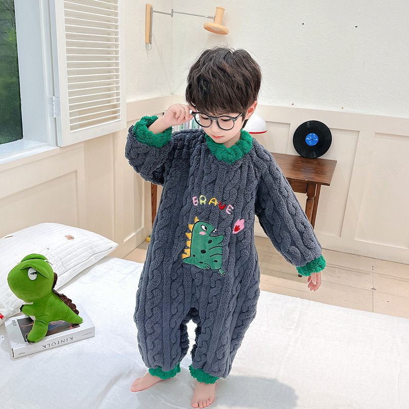 ダークグレーカラーの男の子用フランネル恐竜パジャマ
