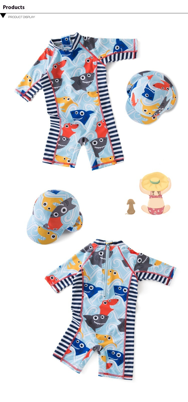 男の子向け サメ柄キッズ水着セット｜長袖ワンピース＋スイムキャップ付き（2〜7歳）プール・海・温泉