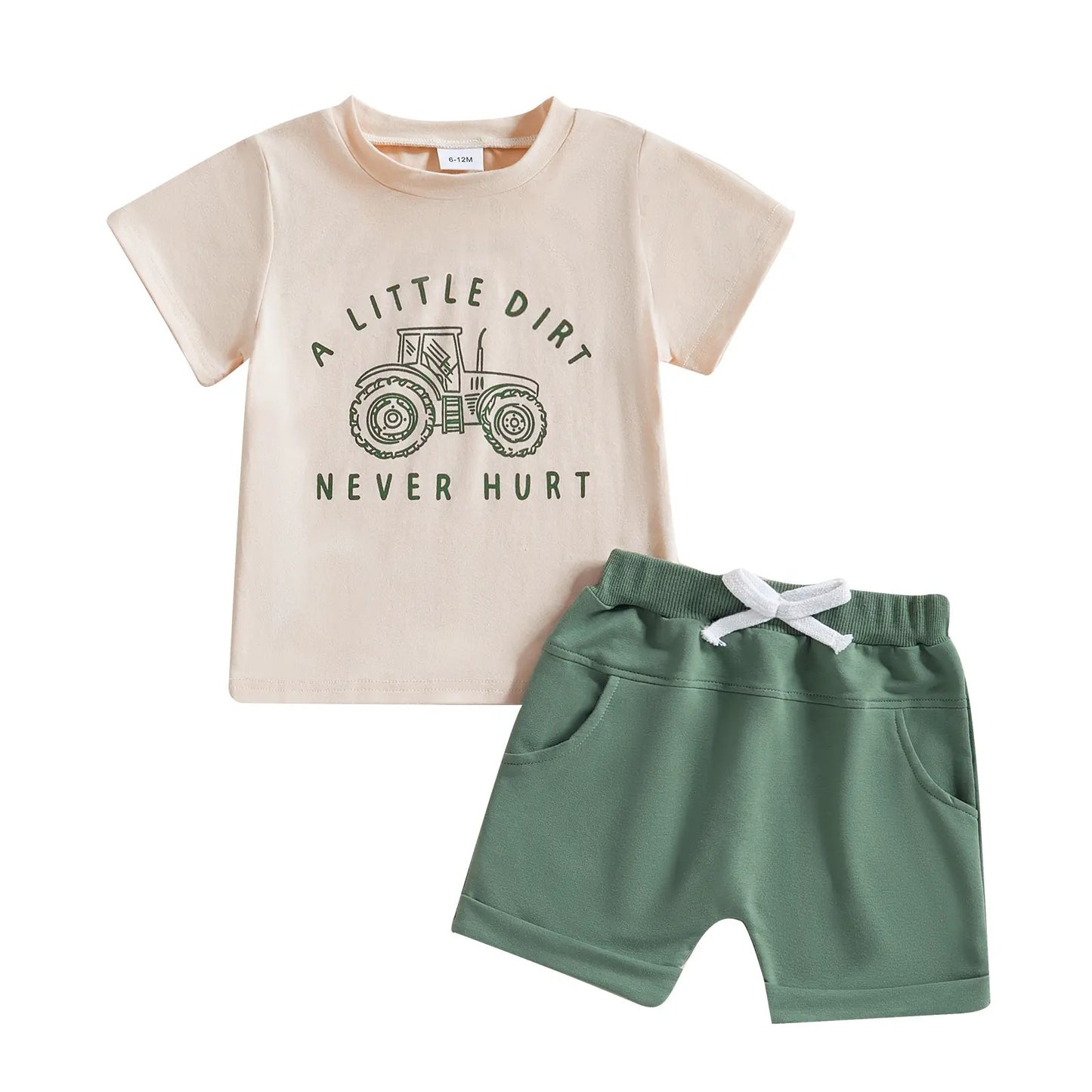 ラウンドネック トラクタープリント 半袖Tシャツ＋ショートパンツ 2点セット（ユニセックス）春夏