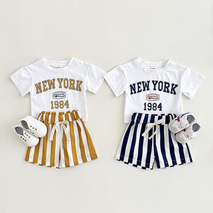 キッズ 夏用 半袖Tシャツ＆ショートパンツ 2点セット NEW YORK レタープリント コットン 韓国風 66〜100cm