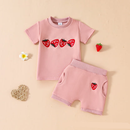 ふんわり刺繍ロゴが映える 女の子半袖トップス＆ポケット付きショートパンツ セットアップ コットン 3-6M~2-3Y