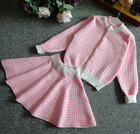 上品クラシックにきまる 女の子ニットカーディガン＆フレアスカートセット 千鳥格子 厚手コットン混 90~130cm