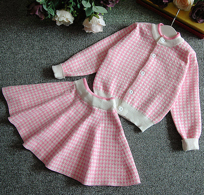 上品クラシックにきまる 女の子ニットカーディガン＆フレアスカートセット 千鳥格子 厚手コットン混 90~130cm