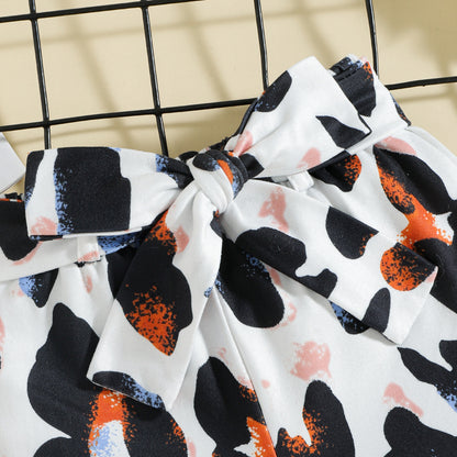 涼しく動きやすい夏コーデが完成する 女の子キャミソール＆リボンショートパンツセット レオパード柄風プリント コットン 80~120cm