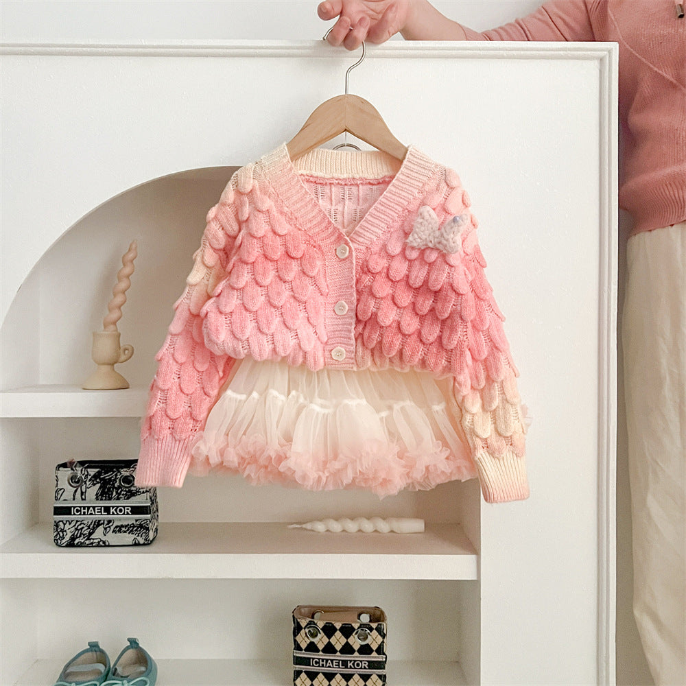 ふんわりグラデーションで華やぐ 女の子カーディガン＆チュチュスカートセット うろこ編みデザイン ポリエステル素材 90~130cm