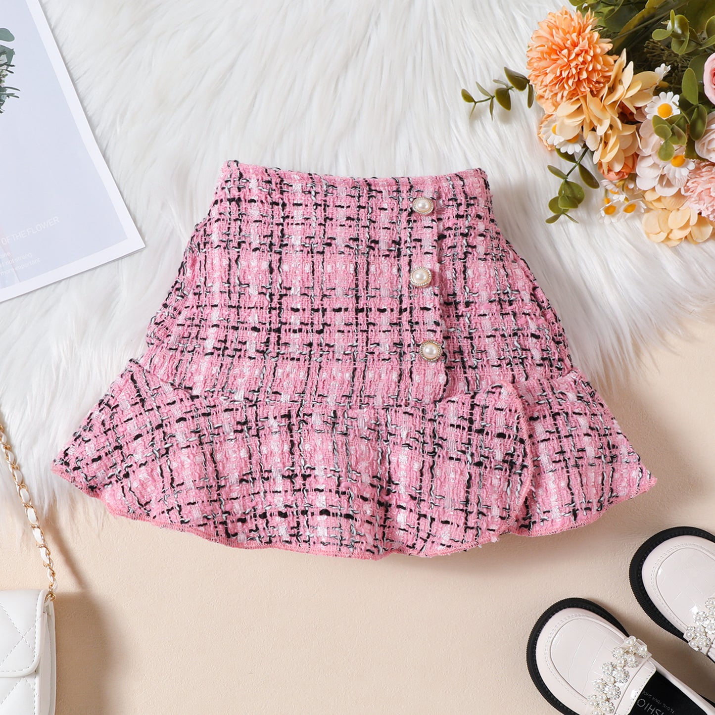 上品チェックとハットでコーデが完成する 女の子ロングスリーブスカートセット 3点セット フライングスリーブ プルオーバー コットン素材 90〜130cm