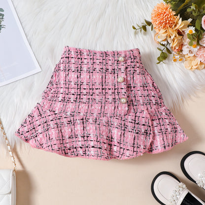 上品チェックとハットでコーデが完成する 女の子ロングスリーブスカートセット 3点セット フライングスリーブ プルオーバー コットン素材 90〜130cm