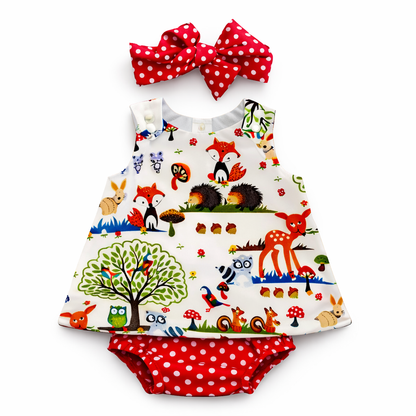 夏のおでかけが可愛く決まる 赤ちゃん女の子ノースリーブワンピース 森のアニマル柄 コットン ブルマ＆ドットヘアバンド3点セット 70〜100cm